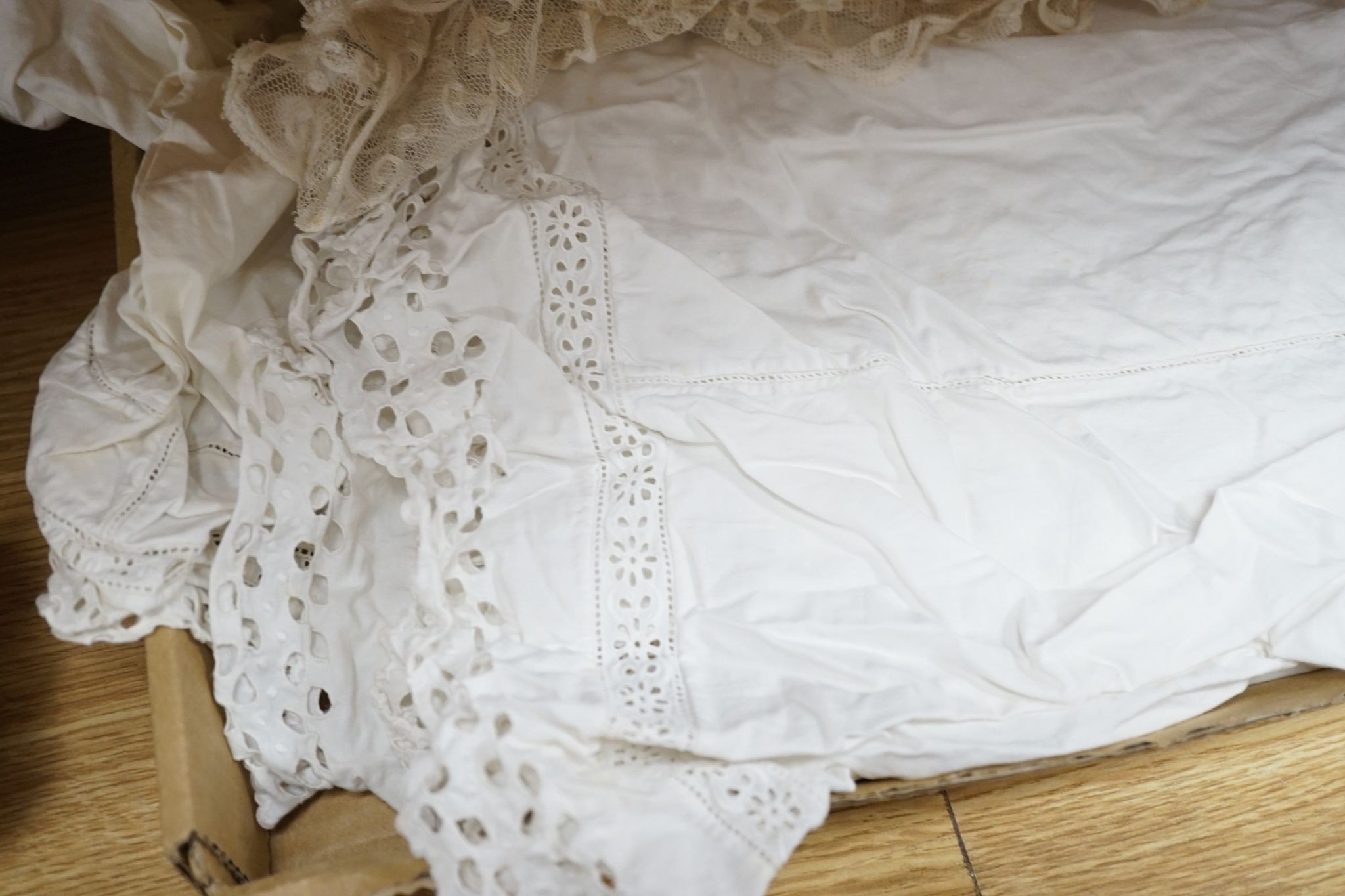 Three Edwardian lace blouses, a lace collar and all-in-one under garments